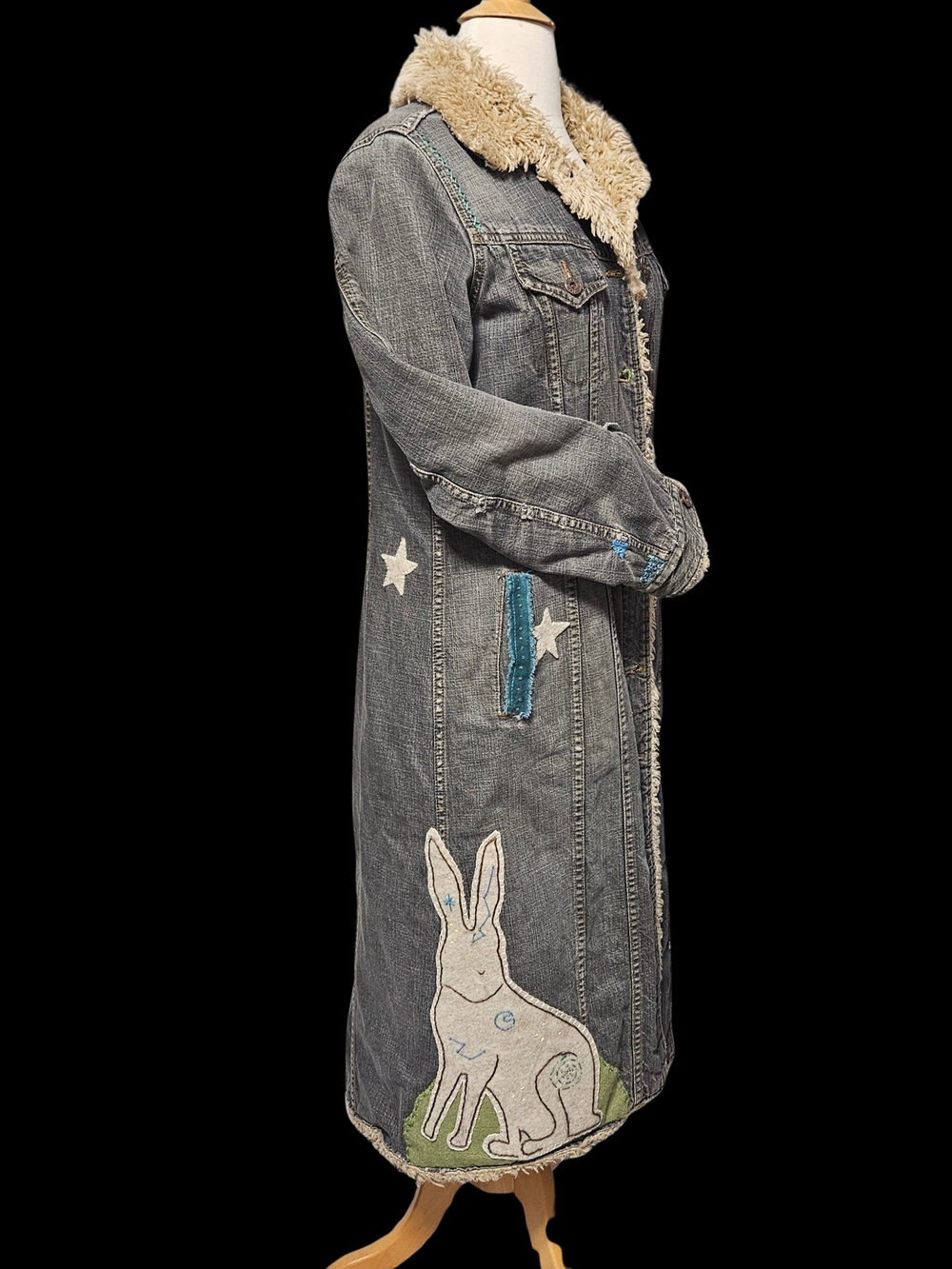 Lucky Brand Gray Denim Long Jacket with Faux-Shearling Collar and Bunny Appliqué